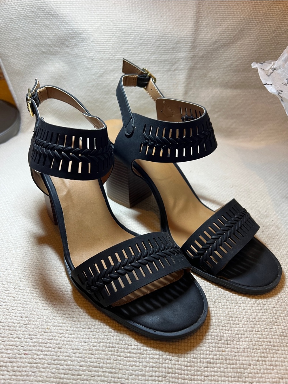 Qupid Black Braided Cutout Block Heel Sandals
